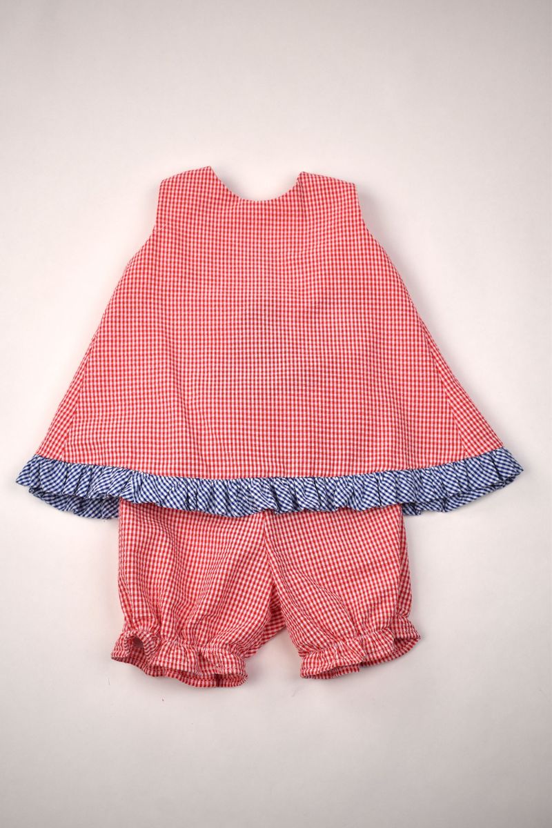 Red Gingham w/Navy Ruffle Popover Set