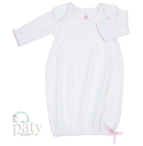 Paty L/S Knit Baby Lap Shoulder Gown  - White with Pink Trim