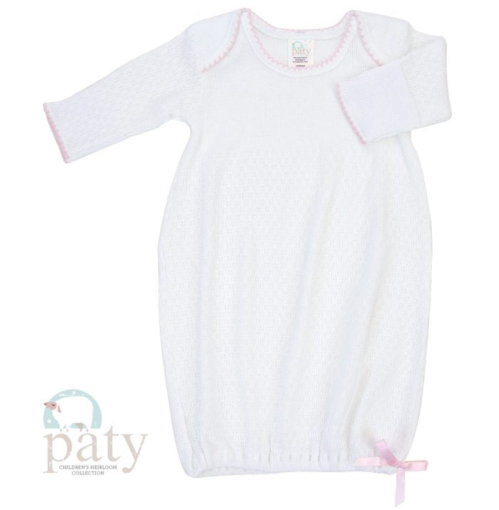 Paty L/S Knit Baby Lap Shoulder Gown  - White with Pink Trim