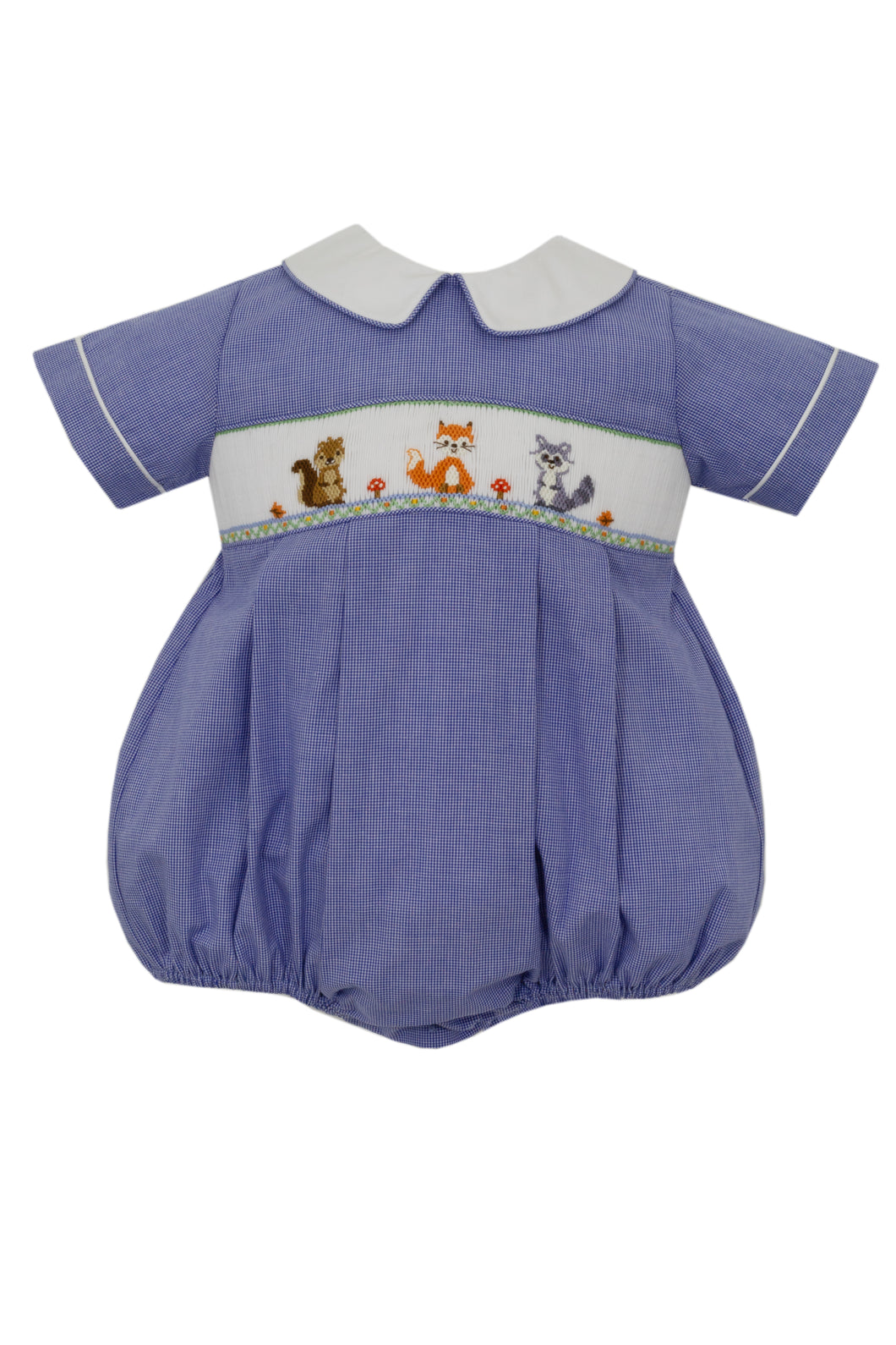 Navy Blue Micro-Check Bubble Smocked with Woodland Friends