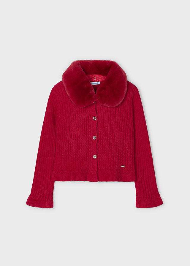 Faux Fur Collar Cardigan - Red