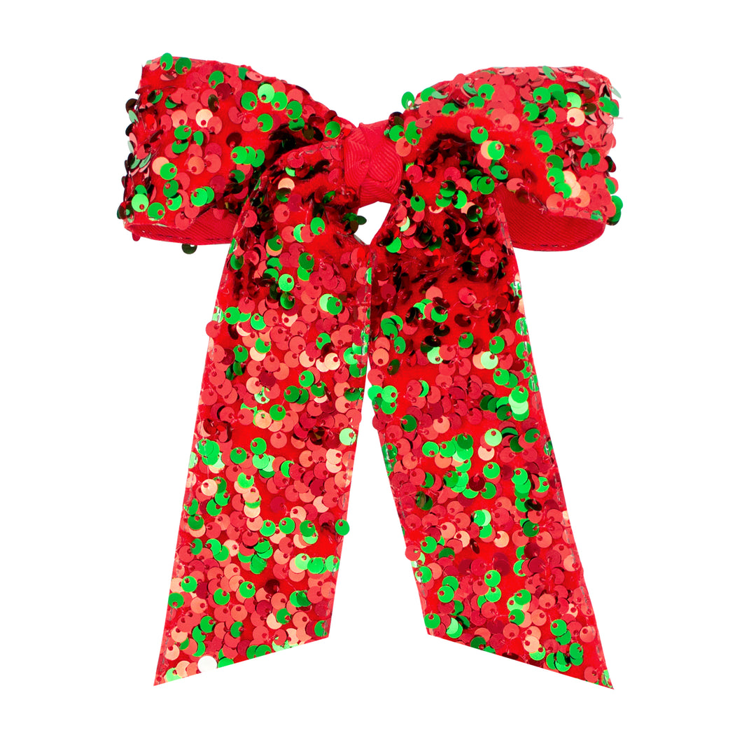 King Red & Green Velvet Sequin Hair Bow w/ Tails and Knot Wrap