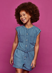 Tween Girl's Denim Button-Up  Romper w/Belt