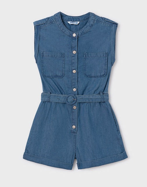 Tween Girl's Denim Button-Up  Romper w/Belt