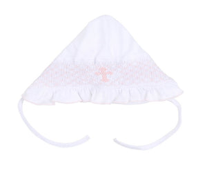 Smocked Cross, Ruffled Knit Bonnet -  Pink