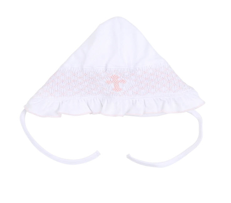 Smocked Cross, Ruffled Knit Bonnet -  Pink