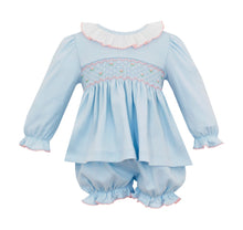 Load image into Gallery viewer, Light Blue Smocked Knit Bloomer Set w/Ruffled Collar
