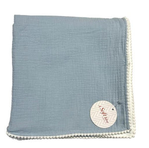 Cotton Muslim Swaddle Blanket w/ Pom-Pom Trim