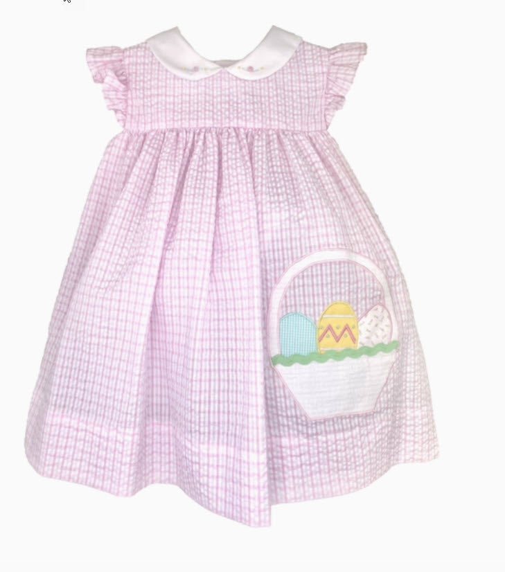 Pink & White Seersucker Sundress with Egg & Basket Applique