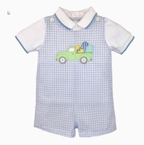 Truck & Easter Egg Appliqued Blue Gingham Romper