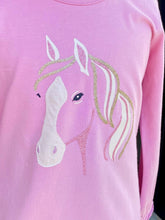 Load image into Gallery viewer, Set: Glitter Pink Horse Top &amp; Maroon Sparkle Print Leggings.
