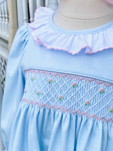 Load image into Gallery viewer, Light Blue Smocked Knit Bloomer Set w/Ruffled Collar
