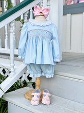 Load image into Gallery viewer, Light Blue Smocked Knit Bloomer Set w/Ruffled Collar
