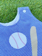 Load image into Gallery viewer, Navy &amp; White Gingham Shortall with Baseball Applique
