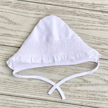 Load image into Gallery viewer, Smocked Cross, Ruffled Knit Bonnet - WHITE

