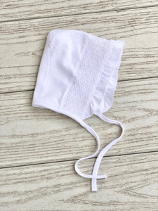 Smocked Cross, Ruffled Knit Bonnet - WHITE