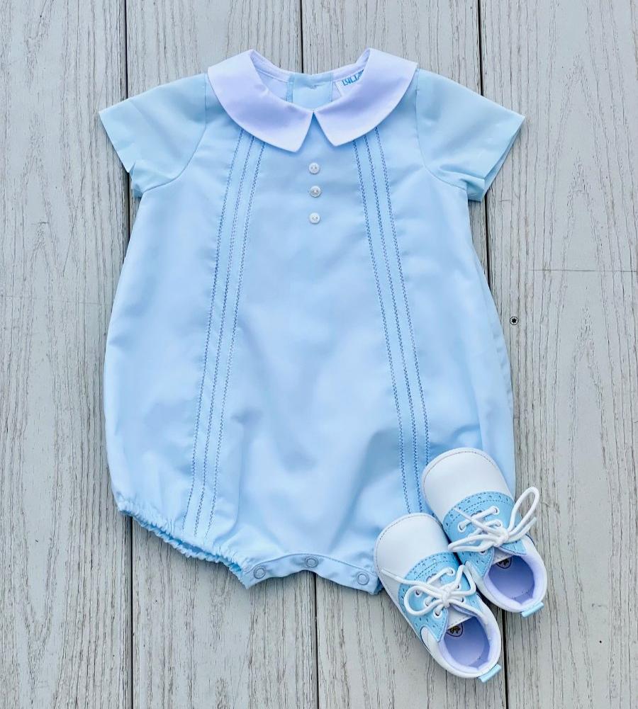 Light Blue Boy Bubble with Pintucks & White Collar