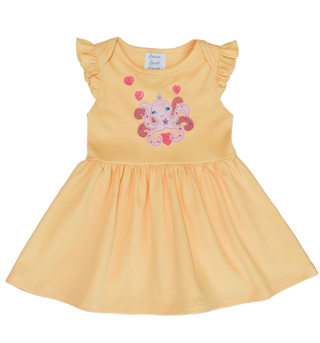 Butter Yellow Twirl Dress w/Octopus Applique