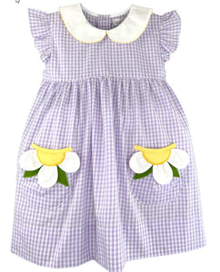 Lavender & White Gingham Dress w/ Daisy Pockets