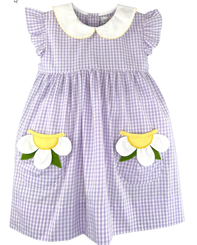 Lavender & White Gingham Dress w/ Daisy Pockets