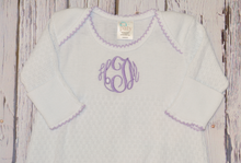 Load image into Gallery viewer, Paty L/S Knit Baby Lap Shoulder Gown  - White with Lavender Trim &amp; Bow
