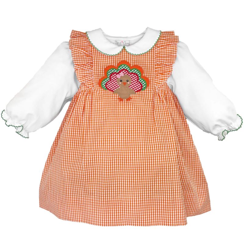 Turkey Applique Dress  on Orange & White Gingham