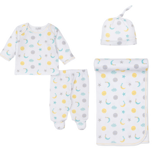 "Moonlight Dreams" 3 Pc. Set: Footed Pant, Blanket & Knot Hat