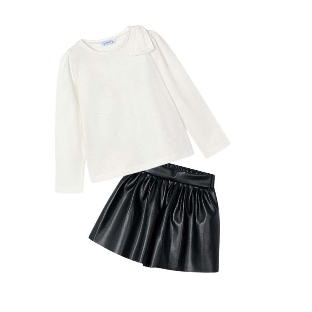 Black Faux Leather Shorts & Pearl Embellished L/S Shirt