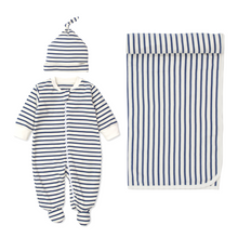 Load image into Gallery viewer, Navy &amp; White Stripe Newborn Boy Set - Zipper Footie, Top Knot Hat &amp; Blanket
