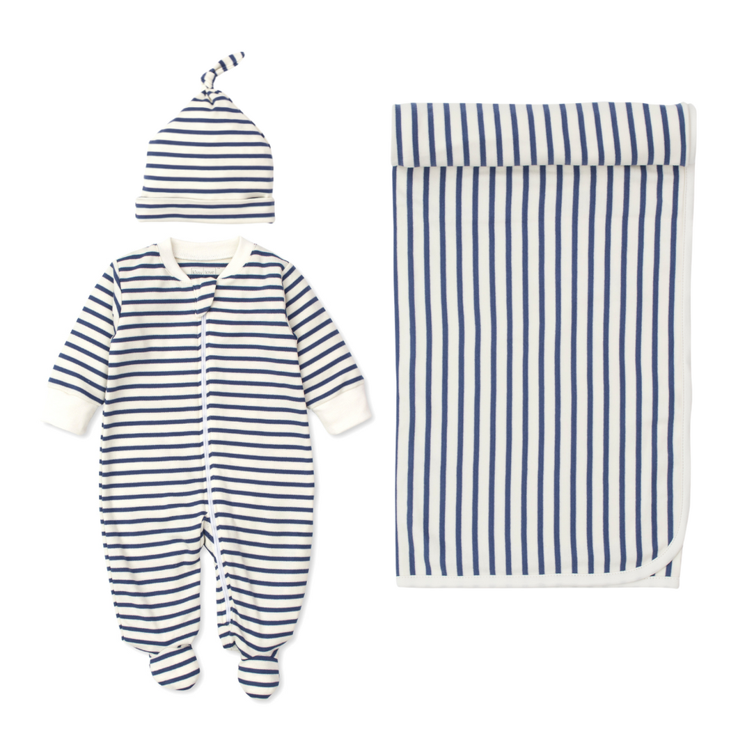 Navy & White Stripe Newborn Boy Set - Zipper Footie, Top Knot Hat & Blanket