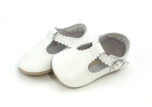 Elodie Scalloped T-Strap Soft Leather Crib Shoe - White