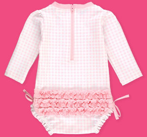 Pink Gingham L/S Rash Guard Swimsuit