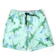 Load image into Gallery viewer, &quot;Surfin&#39; Dinos&quot; Print Swim Trunks
