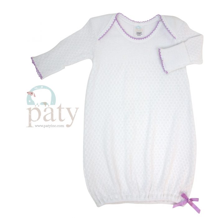 Paty L/S Knit Baby Lap Shoulder Gown  - White with Lavender Trim & Bow